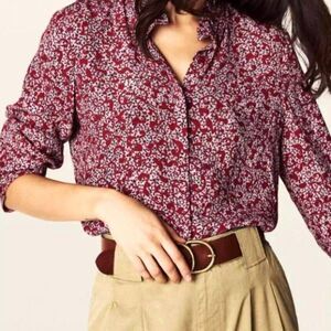 Ba&Sh Catty Shirt Carmine Red Floral Print Ruffle Button Front High Neck SZ XS